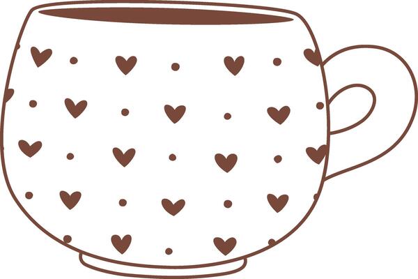Cozy and romantic mug, decorated with a pattern of brown hearts and dots, is filled with steaming hot chocolate, perfect for a comforting moment