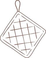 Simple brown line drawing featuring a hanging quilted pot holder with a checkered pattern, designed for protecting hands from heat, isolated against a clean white background vector