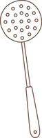 Simple brown line drawing of a skimmer, a kitchen utensil with a round perforated head and a long handle, ideal for lifting food out of liquids vector