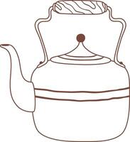 Hand drawn illustration of a vintage kettle featuring a wooden handle, striped lid, and spout, creating a cozy and nostalgic atmosphere perfect for tea time or coffee break vector