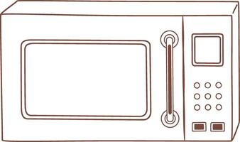 Simple brown line drawing of a microwave oven with handle, buttons, and digital display, ideal for representing cooking, reheating, or kitchen appliances vector