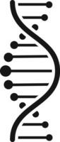 Simple black and white DNA strand icon showing the double helix structure with connecting chemical elements forming nucleotides, representing genetics, biology, and life sciences vector