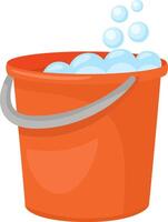 Orange bucket filled with soapy water, creating an abundance of bubbles that overflow against a clean white background, ideal for illustrating cleaning and housework tasks vector