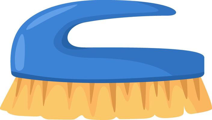 Cleaning brush with blue handle and yellow bristles standing on white background, cleaning tool for scrubbing, washing and housekeeping chores