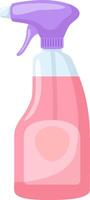 Pink cleaning product in a transparent plastic spray bottle with purple trigger for cleaning and sanitizing various surfaces in a house, maintaining hygiene and cleanliness vector