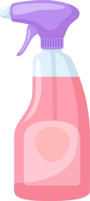 Pink cleaning product in a transparent plastic spray bottle with purple trigger for cleaning and sanitizing various surfaces in a house, maintaining hygiene and cleanliness