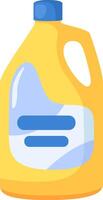Yellow plastic bottle with handle and blue cap containing cleaning product with blue label simulating transparent content, isolated on white background vector
