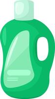 Green plastic detergent bottle with blank label and white cap is standing, isolated on white background, with handle for easy carrying and pouring vector