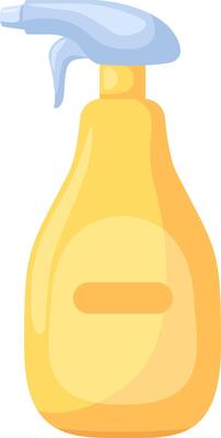 Generic yellow and blue spray bottle with blank label for cleaning products, promoting hygiene and disinfection in various domestic environments