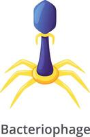Illustration of a bacteriophage, a virus that infects and replicates within bacteria, featuring a blue head and yellow legs, highlighting its role in controlling bacterial populations vector