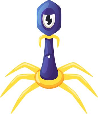 Bacteriophage virus attacking bacteria with yellow legs and blue hexagonal head with one big eye and small mouth, isolated on white background