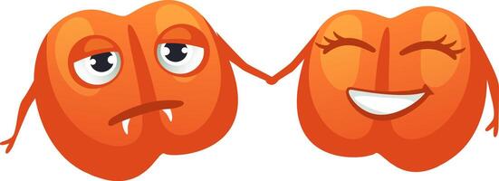 Two funny cartoon bell peppers holding hands, one sad with a frowning mouth and the other happy with closed eyes and a cheerful smile, representing opposite emotions vector