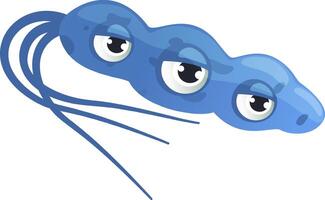 Cartoon illustration of a blue microbe with three eyes, flagella and a sad expression, possibly representing a bacterium, virus, or other microorganism vector