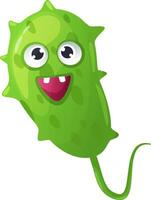 Cartoon illustration featuring a funny green microbe with a playful tail, smiling widely and displaying its teeth, set against a clean white background vector