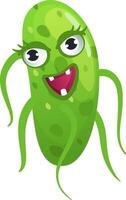 Cartoon illustration of a funny green bacteria with large eyes, thin legs and a smiling mouth showing two teeth, isolated on a white background vector