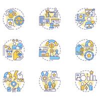 Competitive strategy multi color concept icons. Business long term actions plan. Commercial company growth. Icon pack. Round shape illustrations for presentation. Abstract idea vector