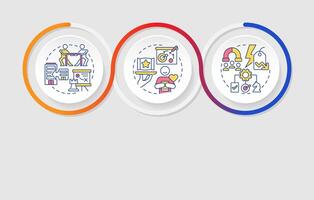 Types of competitive strategies infographics circles sequence. Business management plan. Visualization layout with 3 steps. Info chart loop process presentation vector