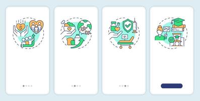 Social development onboarding mobile app screen. Walkthrough 4 steps editable graphic instructions with linear concepts. UI, UX, GUI template vector