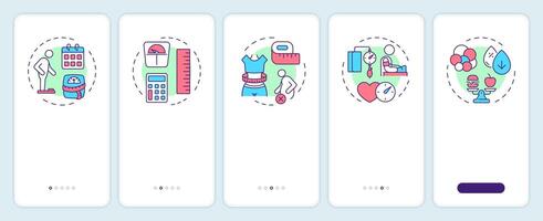 Diagnosis obesity onboarding mobile app screen. Walkthrough 5 steps editable graphic instructions with linear concepts. UI, UX, GUI template vector