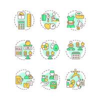 Weight management multi color concept icons. Body mass index. Nutrition diet, healthy food. Icon pack. Round shape illustrations for infographic, presentation. Abstract idea vector