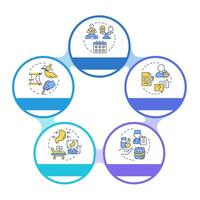 Obesity treatment infographic circles flowchart. Physical activity, portion control. Visualization diagram with 5 steps. Circular info graphic editable vector