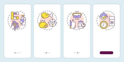 Food safety onboarding mobile app screen. Processing, use. Walkthrough 4 steps editable graphic instructions with linear concepts. UI, UX, GUI template vector