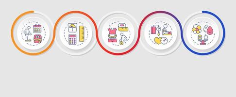 Overweight diagnosis infographics circles sequence. Blood pressure, health issue. Visualization layout with 5 steps. Info chart loop process presentation vector