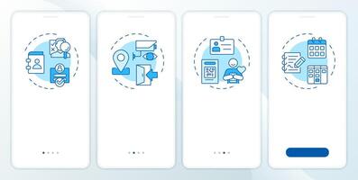 VMS blue onboarding mobile app screen. Visitor management. Walkthrough 4 steps editable graphic instructions with linear concepts. UI, UX, GUI template vector