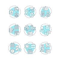 Visitor management soft blue concept icons. Access control, alert notification. Safety, security. Icon pack. Round shape illustrations in infographic, presentation. Abstract idea vector