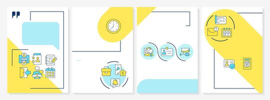 Workplace safety management blue and yellow brochure template. Scheduling system, personnel tracking. Leaflet design with linear icons. Editable 4 layouts vector
