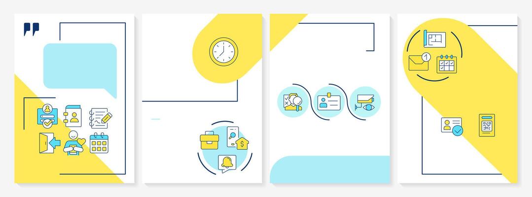Workplace safety management blue and yellow brochure template. Scheduling system, personnel tracking. Leaflet design with linear icons. Editable 4 layouts