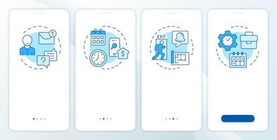 VMS features blue onboarding mobile app screen. Walkthrough 4 steps editable graphic instructions with linear concepts. UI, UX, GUI template vector