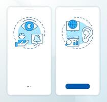 Social media monitoring blue onboarding mobile app screen. Walkthrough 2 steps editable graphic instructions with linear concepts. UI, UX, GUI template vector