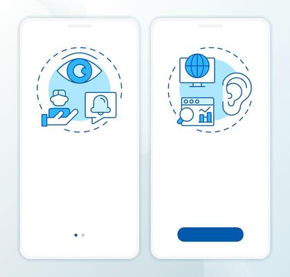 Social media monitoring blue onboarding mobile app screen. Walkthrough 2 steps editable graphic instructions with linear concepts. UI, UX, GUI template