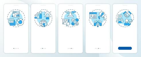 Social listening blue onboarding mobile app screen. Walkthrough 5 steps editable graphic instructions with linear concepts. UI, UX, GUI template vector