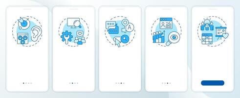 Social media tracking blue onboarding mobile app screen. Walkthrough 5 steps editable graphic instructions with linear concepts. UI, UX, GUI template vector