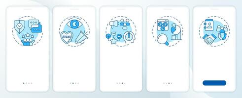 Brand reputation tracking blue onboarding mobile app screen. Walkthrough 5 steps editable graphic instructions with linear concepts. UI, UX, GUI template vector