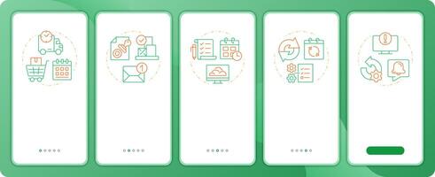 MRP outputs app onboarding screens. Manufacturing planning. Duo tone illustration. UI design flow. 5 steps walkthrough mobile interface slide layout vector