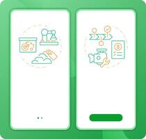 MRP app onboarding screens. Industrial planning. Duo tone illustration. UI design flow. 2 steps walkthrough mobile interface slide layout vector