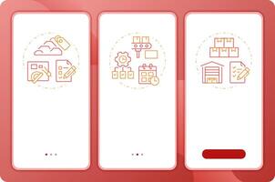 MRP input app onboarding screens. Industry management. Duo tone illustration. UI design flow. 3 steps walkthrough mobile interface slide layout vector