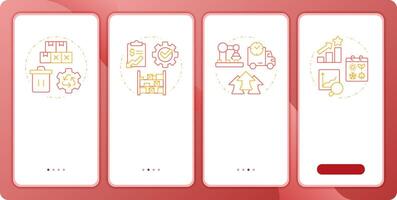 Benefits of MRP II app onboarding screens. Manufacture. Duo tone illustration. UI design flow. 4 steps walkthrough mobile interface slide layout vector
