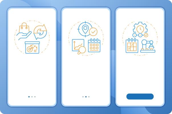 SAP consumption based planning app onboarding screens. Duo tone illustration. UI design flow. 3 steps walkthrough mobile interface slide layout