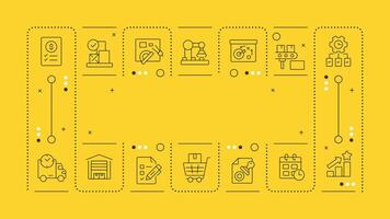 MRP yellow word concept. Material requirements and manufacturing resource planning. Industry. Horizontal image. Headline text surrounded by editable outline icons vector