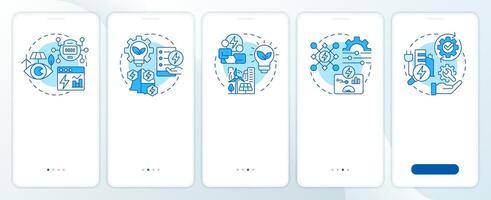 Energy control steps blue onboarding mobile app screen. Walkthrough 5 steps editable graphic instructions with linear concepts. UI, UX, GUI template vector