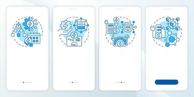 Energy control types blue onboarding mobile app screen. Walkthrough 4 steps editable graphic instructions with linear concepts. UI, UX, GUI template vector