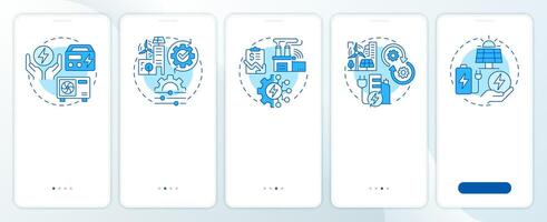 EMS types blue onboarding mobile app screen. Consumption control. Walkthrough 5 steps editable graphic instructions with linear concepts. UI, UX, GUI template vector