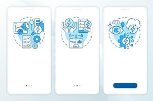 EMS types blue onboarding mobile app screen. Energy control. Walkthrough 3 steps editable graphic instructions with linear concepts. UI, UX, GUI template vector