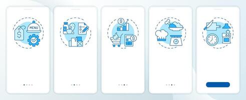 Restaurant management blue onboarding mobile app screen. Business. Walkthrough 5 steps editable graphic instructions with linear concepts. UI, UX, GUI template vector