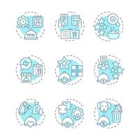 Restaurant management soft blue concept icons. Strategy of catering service development. Food service. Icon pack. Round shape illustrations for presentation. Abstract idea vector