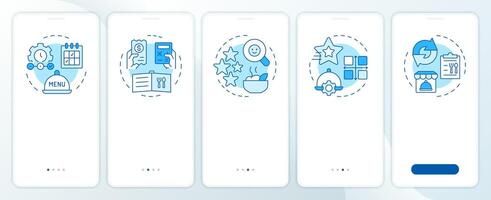 Steps of menu engineering blue onboarding mobile app screen. Walkthrough 5 steps editable graphic instructions with linear concepts. UI, UX, GUI template vector